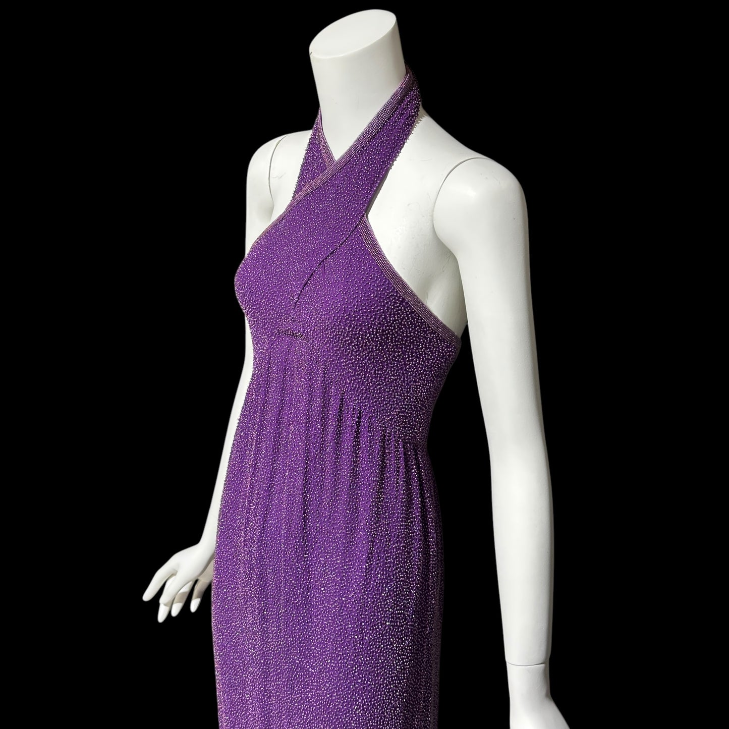 JEET vintage 1980s evening gown, Purple Beaded Silk Sheath gown, Halter slip dress