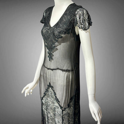 1930s vintage sheer black lace dress, wickedly sheer French lace sheath evening dress