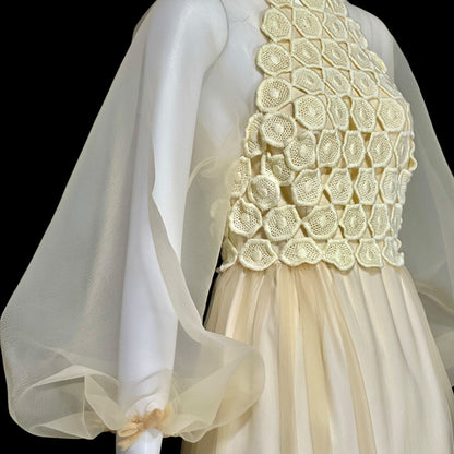 CYRELD PARIS, vintage 1970s yellow chiffon evening dress, WERLE Beverly Hills sheer bishop sleeves