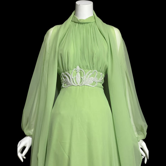 LILLIE RUBIN vintage 1970s green chiffon evening dress gown, Collection 700, matching scarf cape