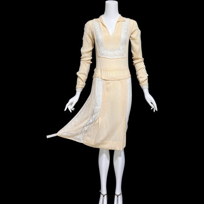 1920s vintage creamy yellow Hungarian style day dress with white lace antique flapper dress