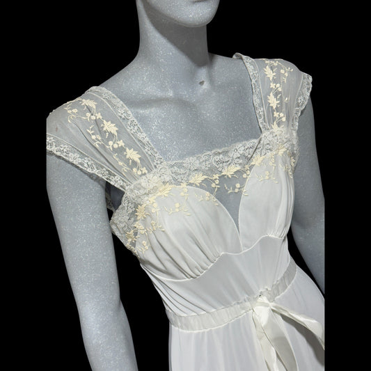 KAYSER LUXITE, vintage 1940s nightgown slip dress, white nylon full sweep bridal night dress