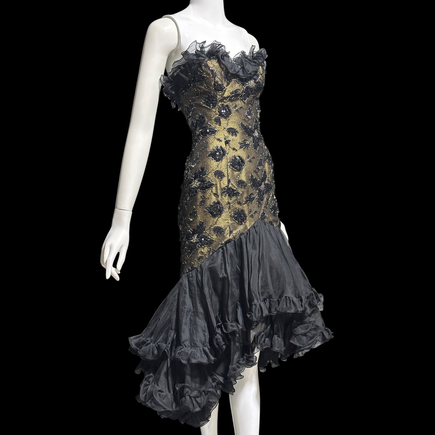 DAVID FIELDEN vintage 1980s evening dress, Party Dress, Black and Bronze All Silk Hi Low Ruffle dress