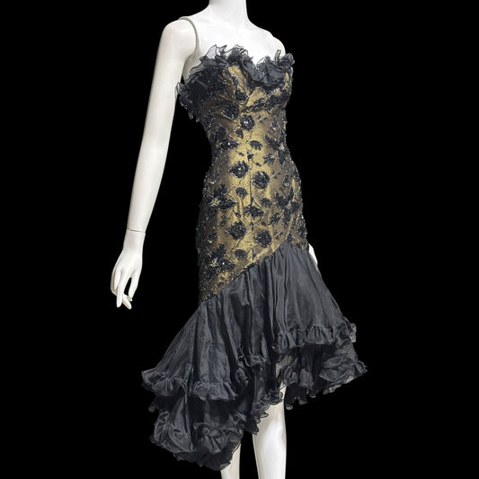 DAVID FIELDEN vintage 1980s evening dress, Party Dress, Black and Bronze All Silk Hi Low Ruffle dress