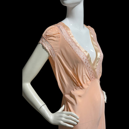 1940s vintage nightgown slip dress, Shiny peach bias cut rayon slip dress, full length, cap sleeves