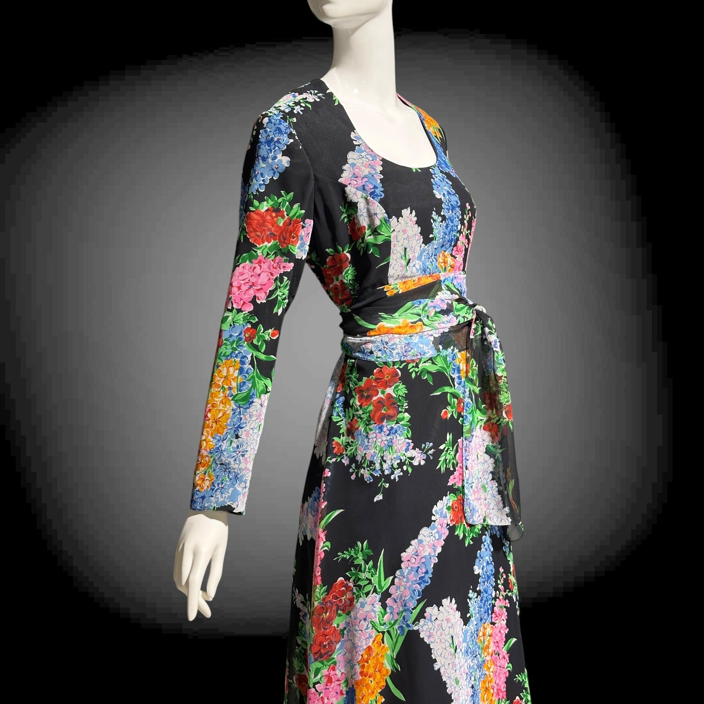 RAZOOK'S vintage 1970s evening dress, poly chiffon floral maxi dress