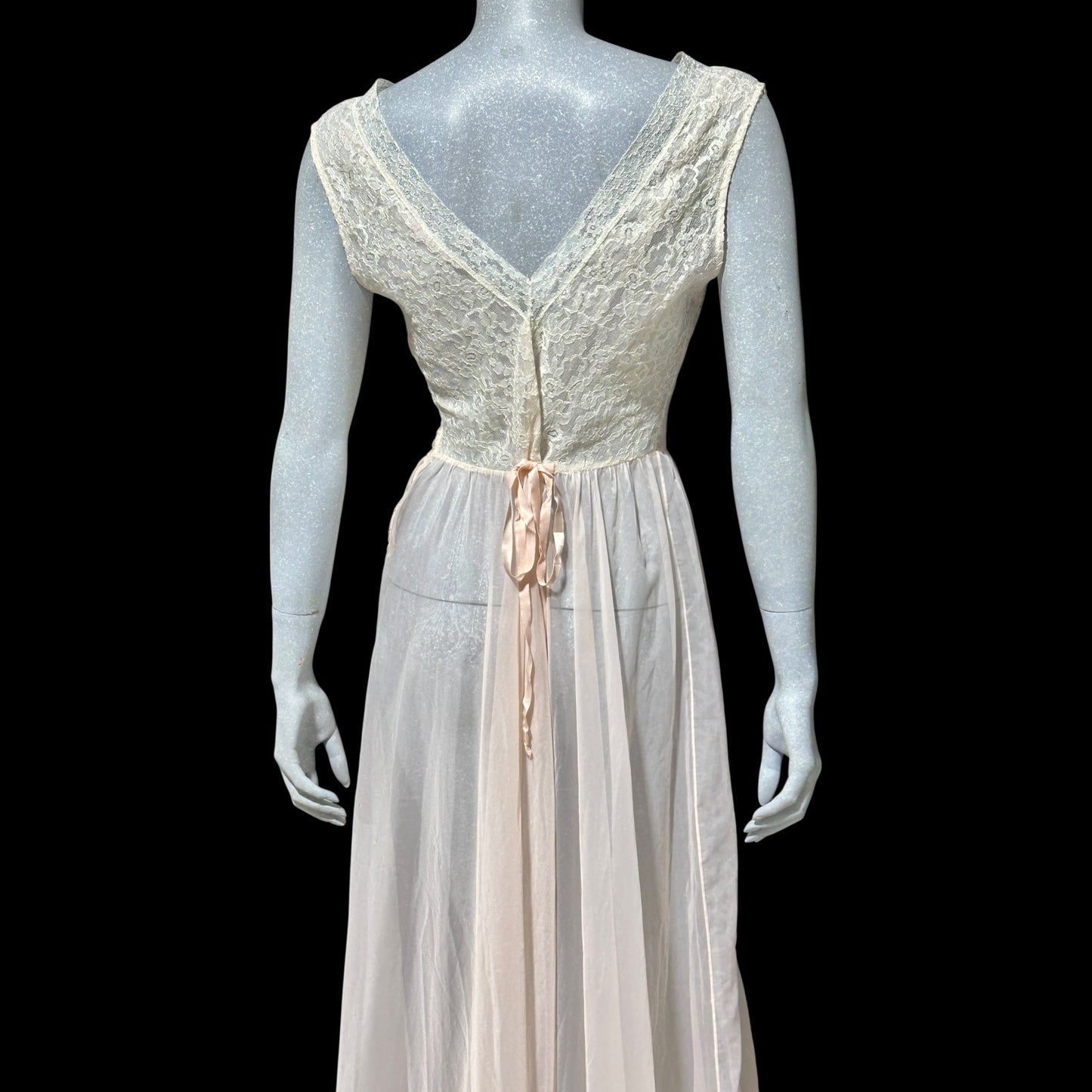 ODETTE BARSA vintage 1940s nightgown slip dress, Sheer pale pink with white lace full sweep Old Hollywood gown