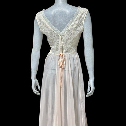 ODETTE BARSA vintage 1940s nightgown slip dress, Sheer pale pink with white lace full sweep Old Hollywood gown