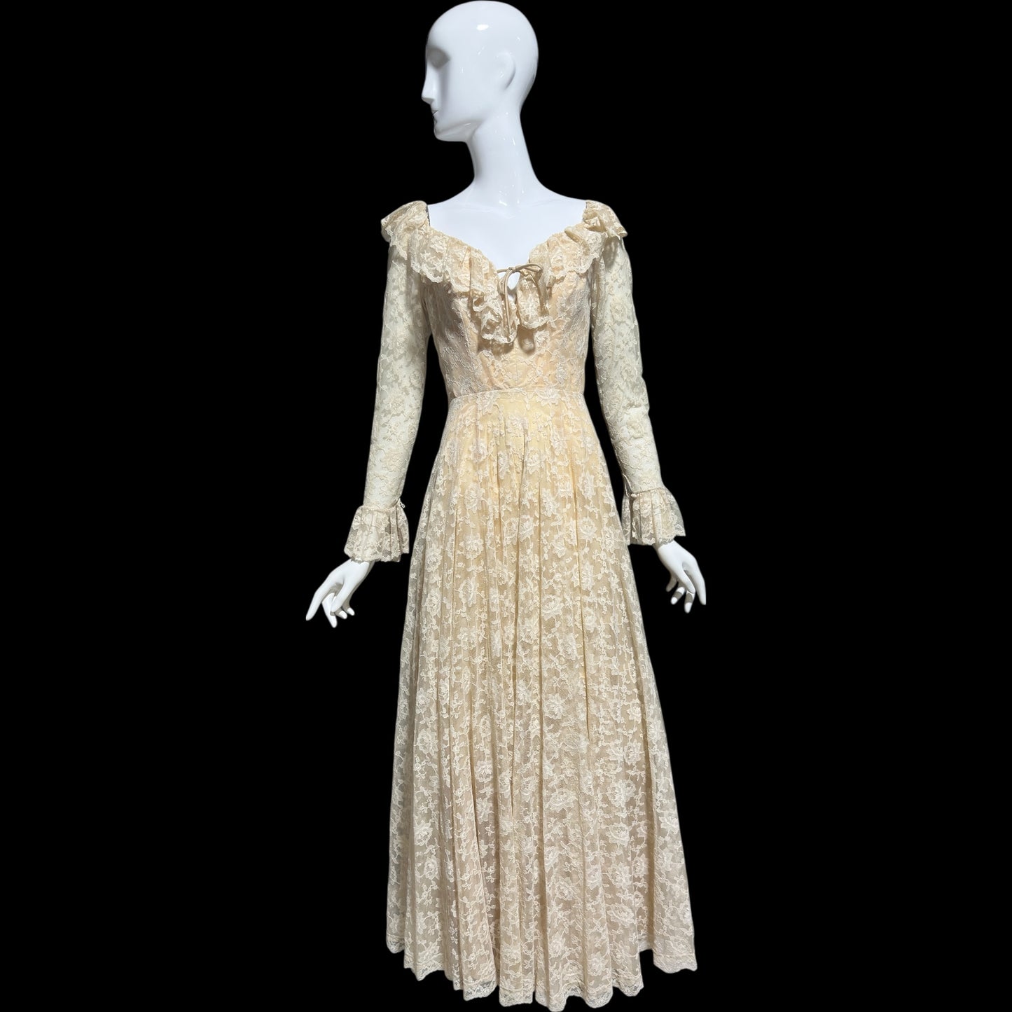 LES WILK 1970s vintage evening dress, lace beige ruffle deep V neckline full sweep wedding dress