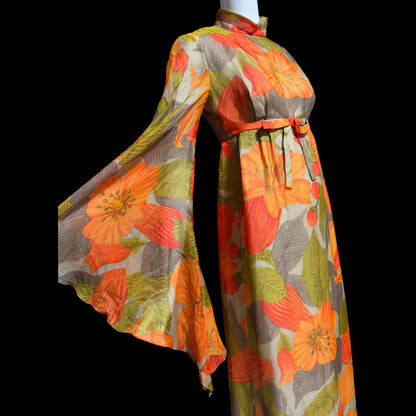 BOB BUGNAND Sam Friedlander,  Martha Weathered, vintage 1970s evening dress, Orange floral angel sleeves