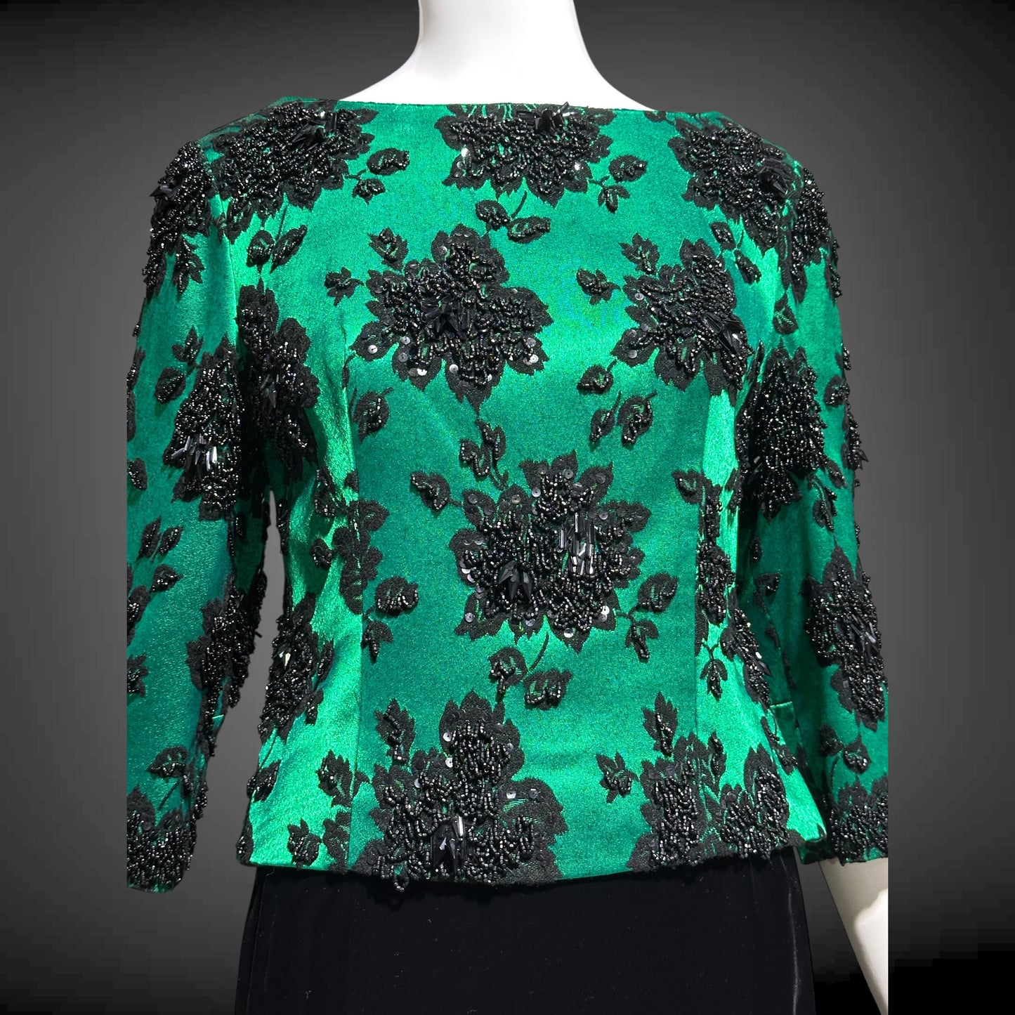 SAKS FIFTH AVE 1960s vintage evening dress, Beaded Black Velvet Green Satin 2 piece long dress