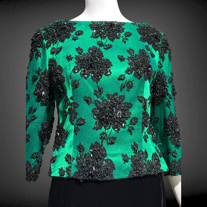 SAKS FIFTH AVE 1960s vintage evening dress, Beaded Black Velvet Green Satin 2 piece long dress