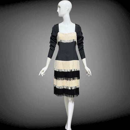 TRAVILLA vintage evening cocktail dress, 1960s black white fringed mod party dress