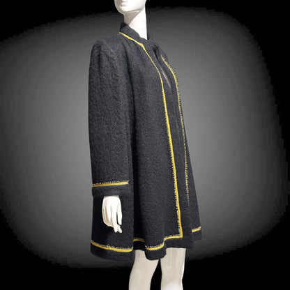 TRIGERE 1980s mohair swing coat, for SAKS 5th Ave Black mohair gold metallic cord