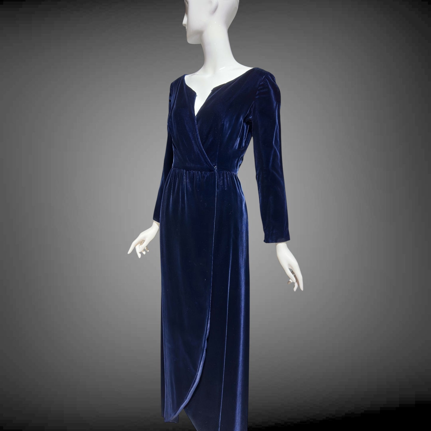 MOLLIE PARNIS vintage 1960s blue velvet wrap evening dress, Morty Sussman