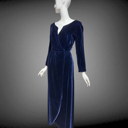 MOLLIE PARNIS vintage 1960s blue velvet wrap evening dress, Morty Sussman
