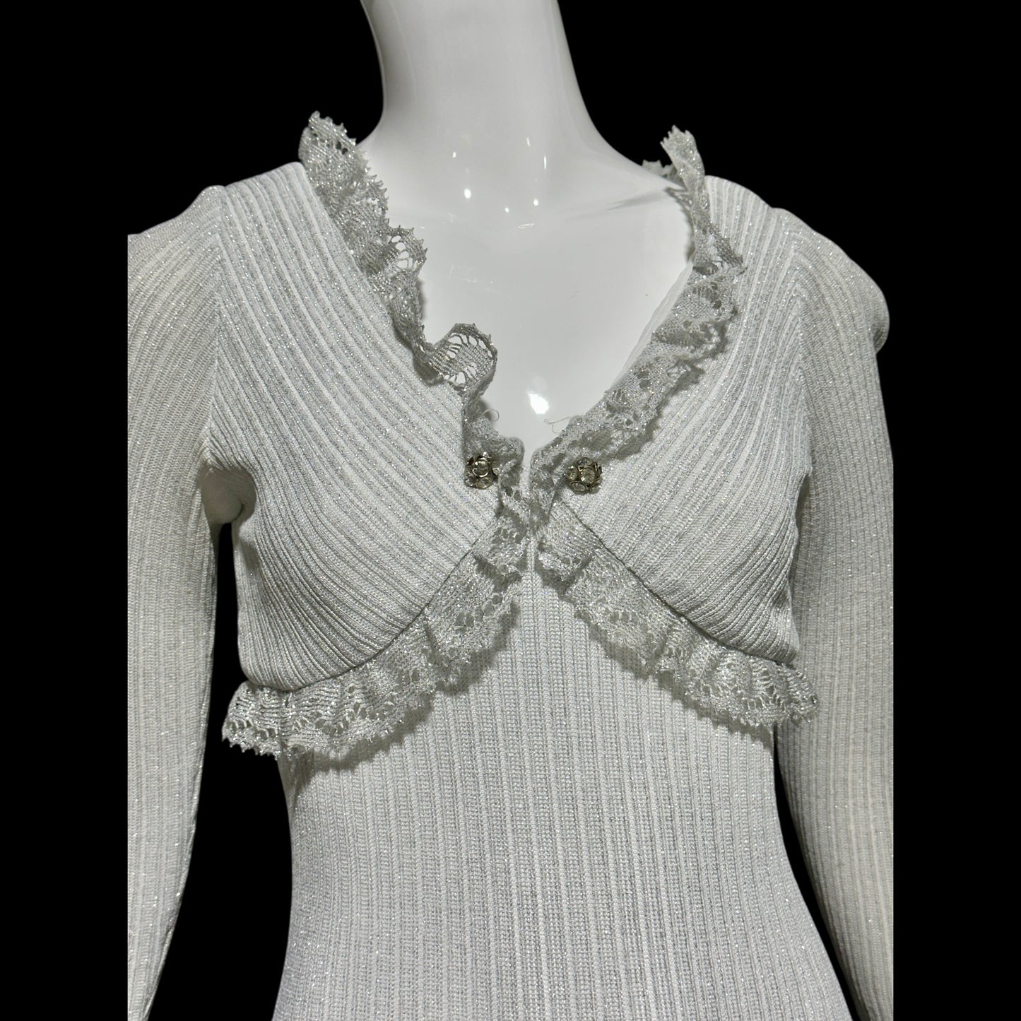 1970s vintage bodycon knit evening dress, Silver Metallic Lurex Sheath Maxi Dress