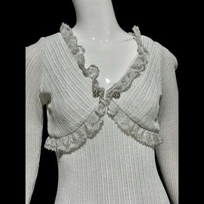 1970s vintage bodycon knit evening dress, Silver Metallic Lurex Sheath Maxi Dress