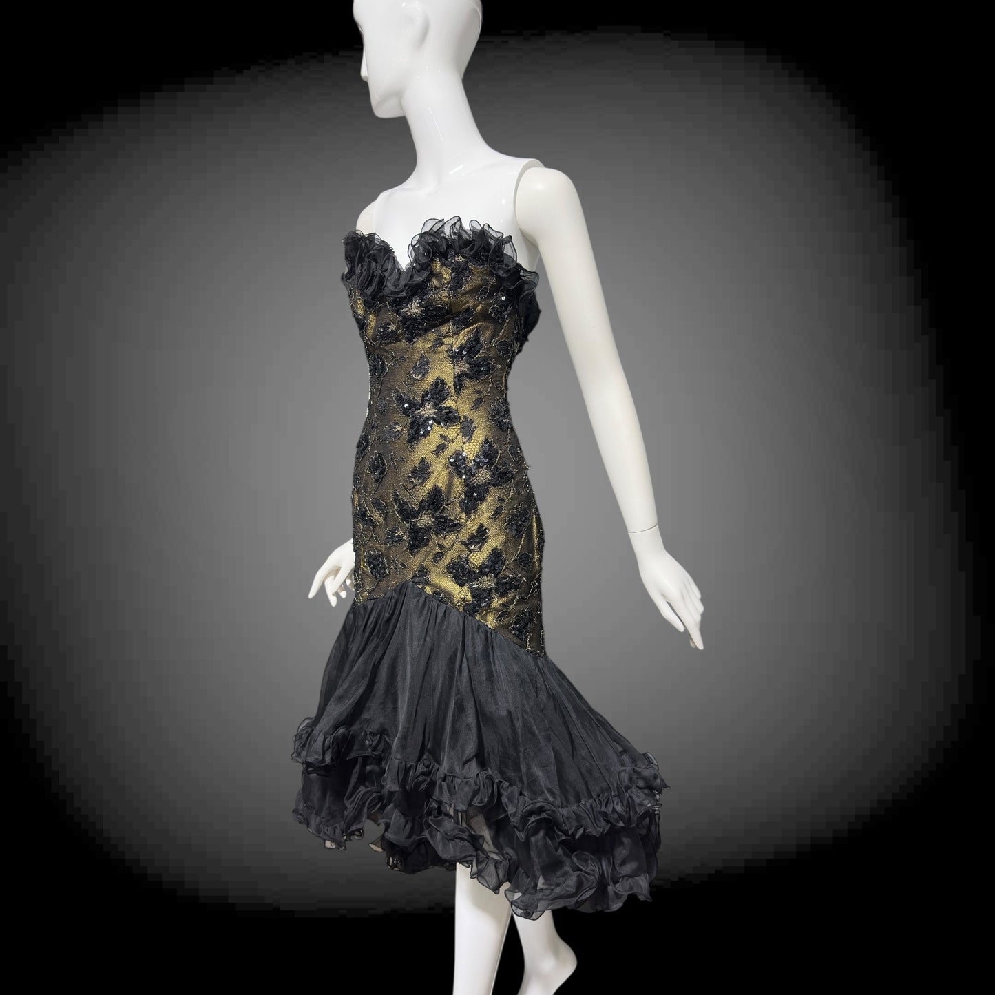 DAVID FIELDEN vintage 1980s evening dress, Party Dress, Black and Bronze All Silk Hi Low Ruffle dress