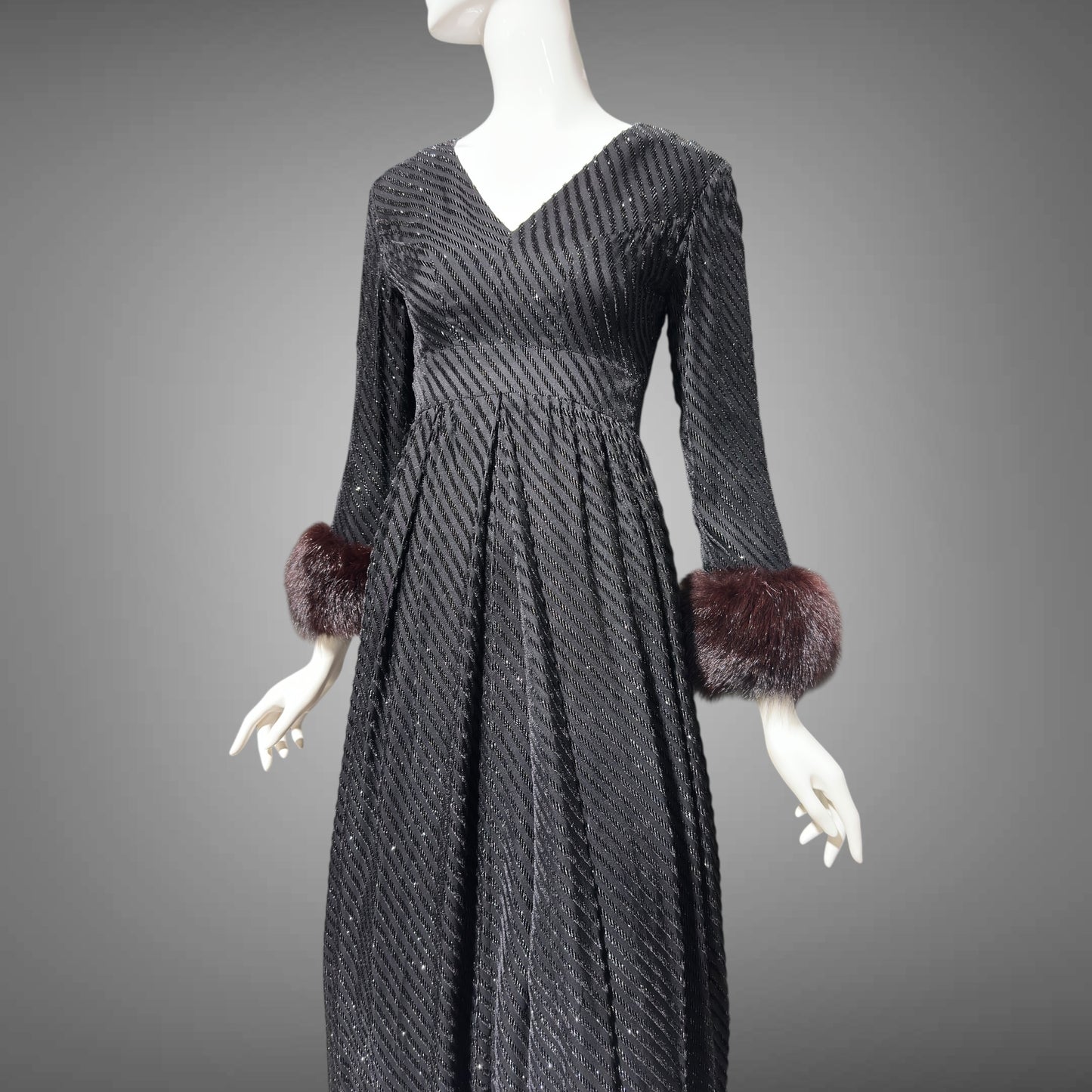 LILLIE RUBIN Vintage 1970s evening gown, Black eye lash Sparkly Gown with Fur Cuffs
