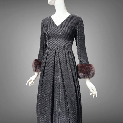 LILLIE RUBIN Vintage 1970s evening gown, Black eye lash Sparkly Gown with Fur Cuffs