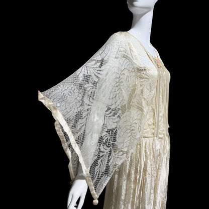 1920s Antique vintage wedding dress, Handmade candlelight white silk and lace slip dress with scarf sleeves, bridal flapper dress