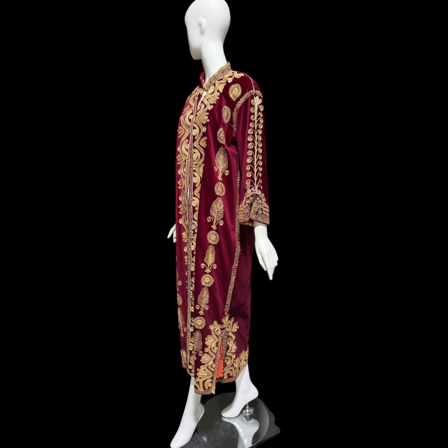 PROFILS du MONDE vintage Embroidered Moroccan kaftan,  1960s evening maxi coat dress, Beverly Hills Ruby Red velvet gold metallic