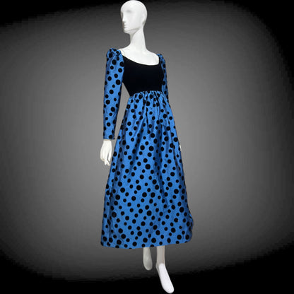 ADELE SIMPSON vintage 1960s evening dress, steel blue taffeta with black velvet flocked polka dots