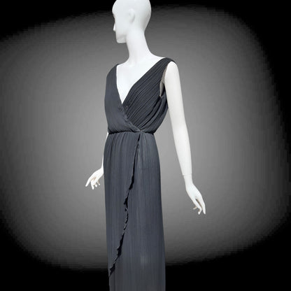 MARSHALL ROUSSO Las Vegas, vintage 1970s evening dress, black pleated plisse wrap front grecian goddess gown