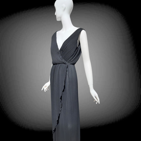 MARSHALL ROUSSO Las Vegas, vintage 1970s evening dress, black pleated plisse wrap front grecian goddess gown