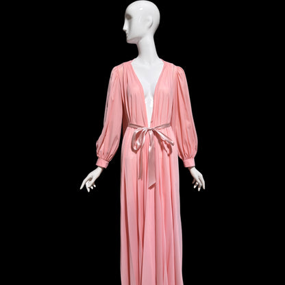 CLAIRE SANDRA Lucie Ann, vintage 1960s dressing gown robe, pink hostess dress peignoir, grecian goddess house dress
