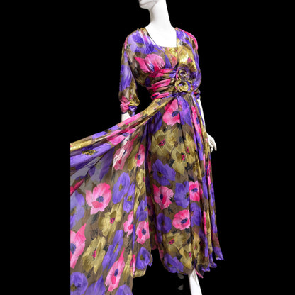 FRANK USHER LONDON, vintage 1970s evening dress, jewel tone floral chiffon with gold metallic