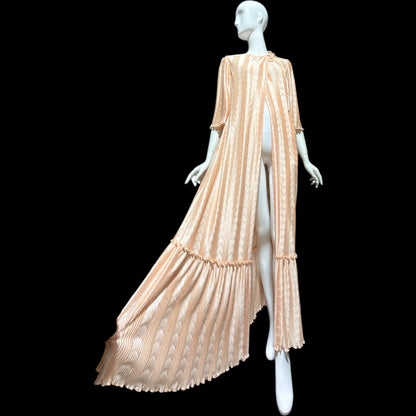MARY McFADDEN for I. Magnin, 1980s vintage dressing gown, peachy pink wrap open front pleated duster