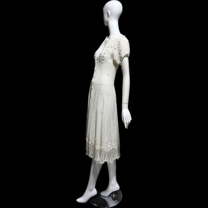 1970s vintage white crochet dress, all cotton blouson shirtdress, midi length
