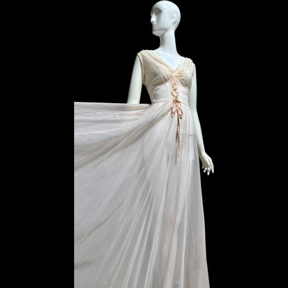 ODETTE BARSA vintage 1940s nightgown slip dress, Sheer pale pink with white lace full sweep Old Hollywood gown