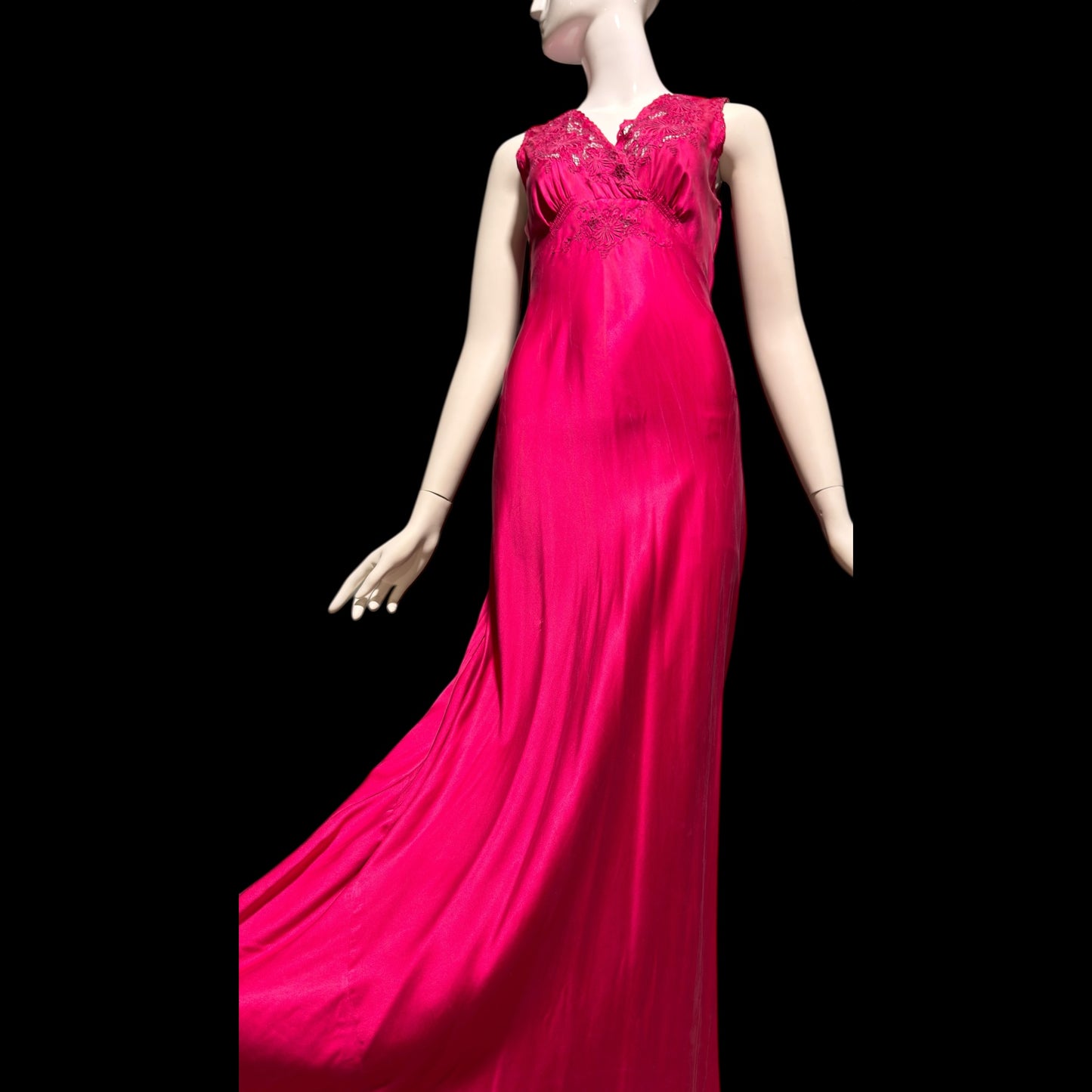 PEONY vintage 1950s Silk Nightgown Slip Dress: Made in SHANGHAI Embroidered Magenta bias cut gown