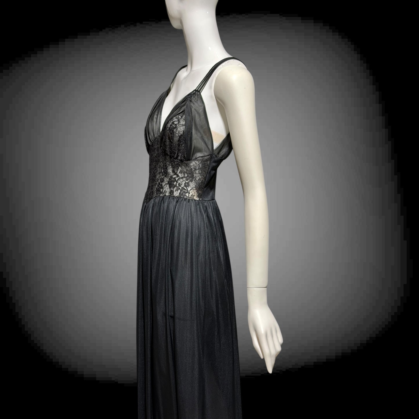 Rogers vintage 1950s Black Lace Nylon Nightgown Lingerie Slip Dress