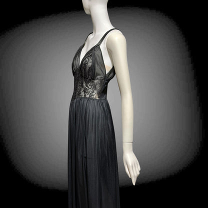 Rogers vintage 1950s Black Lace Nylon Nightgown Lingerie Slip Dress