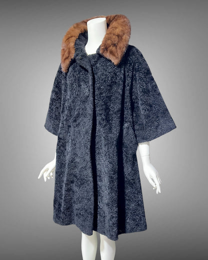 LILLI ANN 1950s vintage swing coat, Black boucle evening swing coat with mink collar