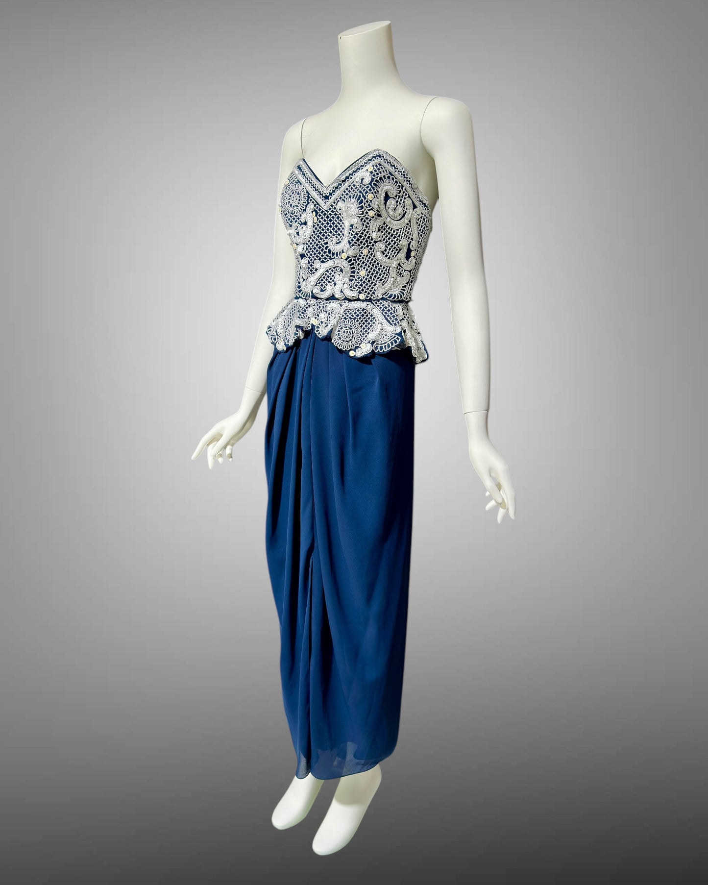 FABRICE SILHOUETTE 1980s vintage evening dress, Navy Blue and white beads and sequins strapless peplum formal gown