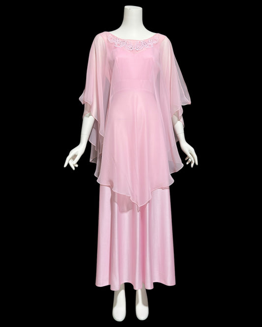 1960s vintage evening gown cape dress, Pink jersey knit poly chiffon cape dress