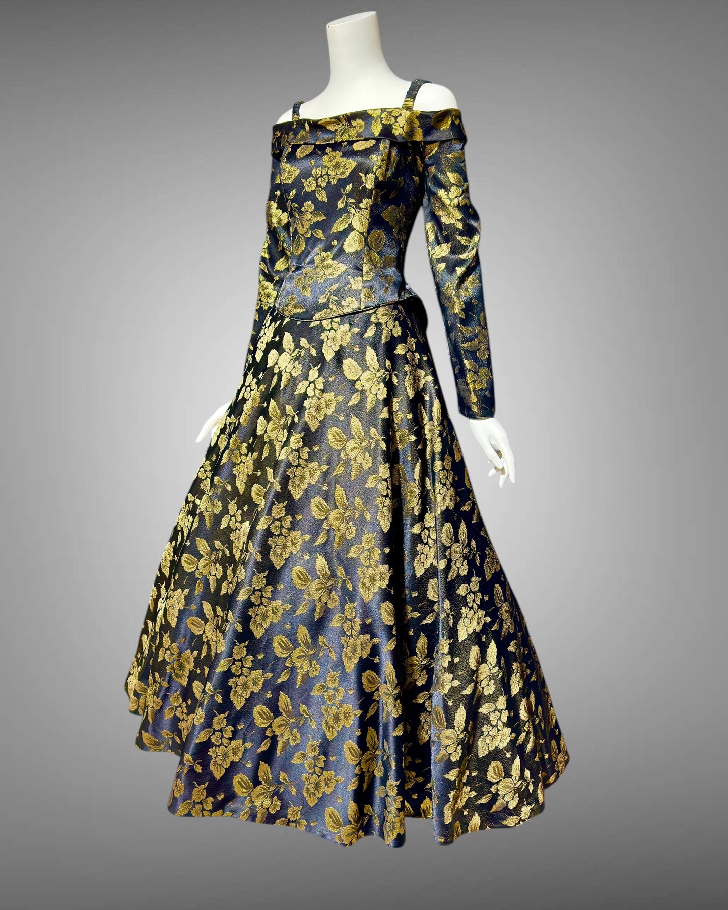 CHRIS KOLE 1980s vintage evening dress, Black and gold damask, long sleeve off the shoulder ball gown