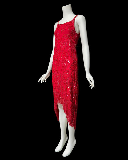 KAYE LOUISE vintage 1990s dress, red 100% silk and sequin beaded cocktail party slip dress