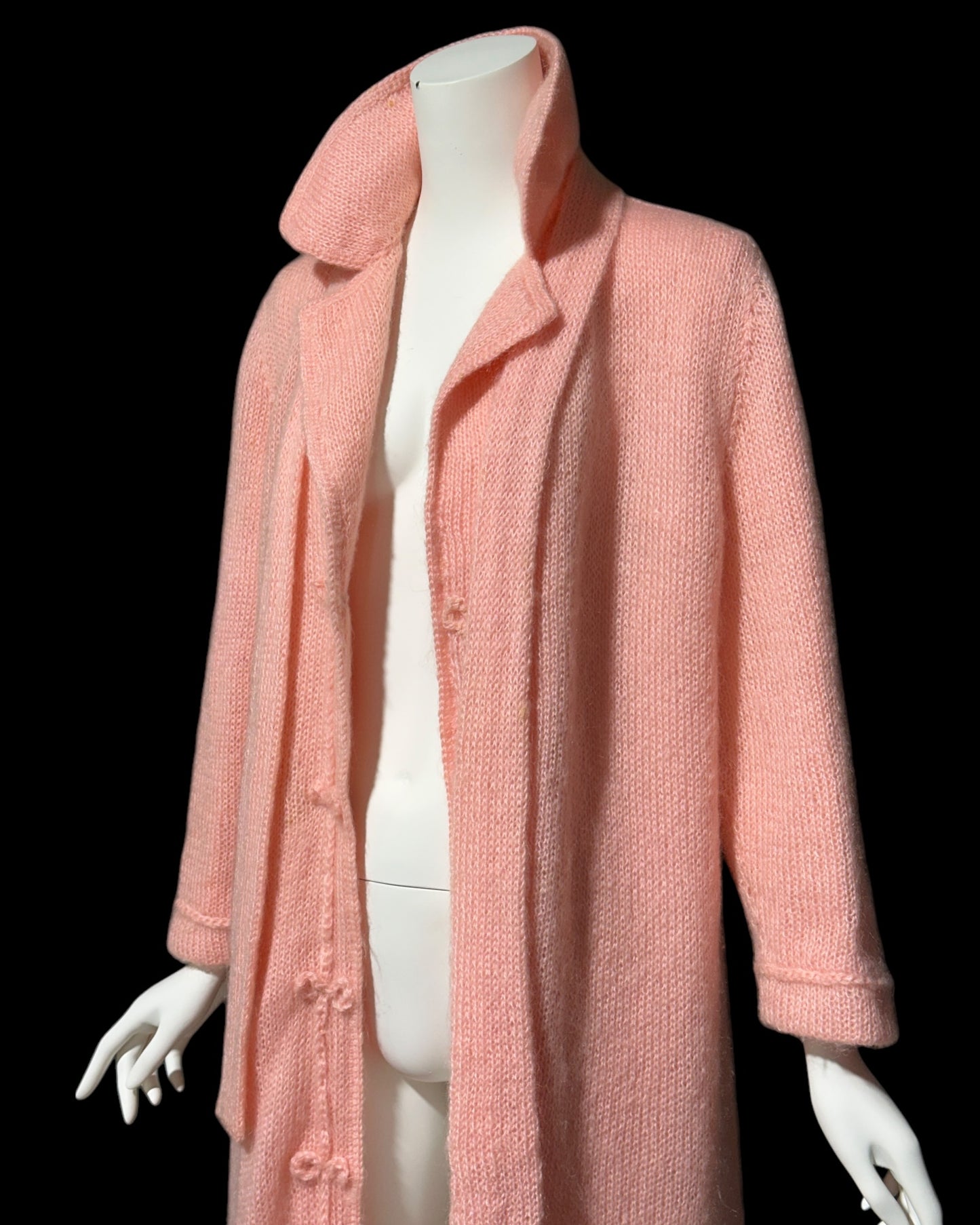 1960s vintage pink mohair coat, Mid Century stroller length open front coat