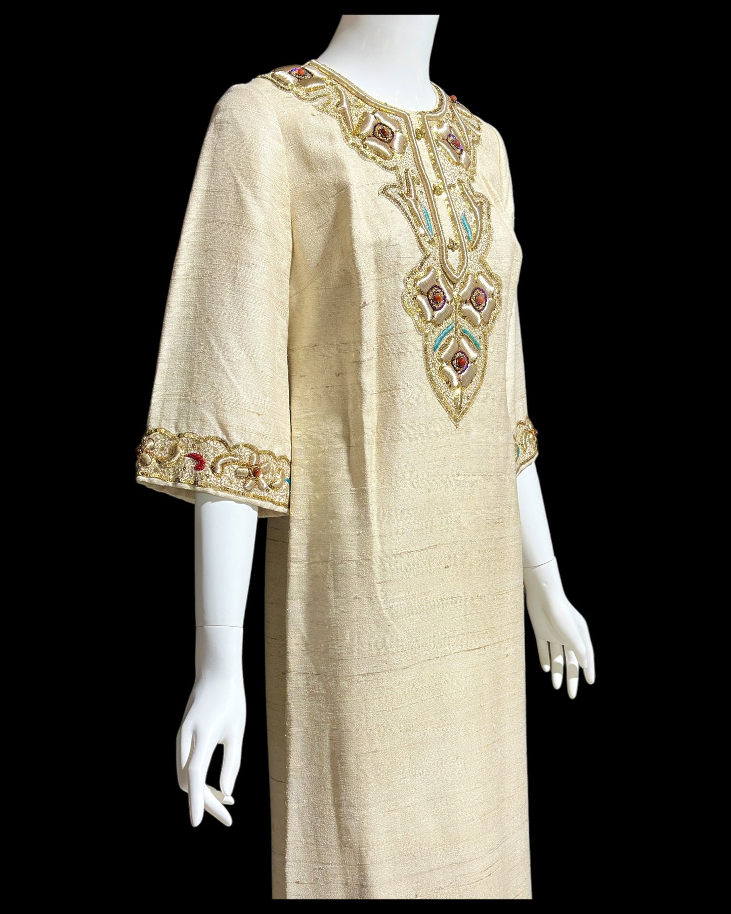 1960s vintage raw silk caftan dress, Custom made zardozi style embroidered Kaftan beaded evening gown