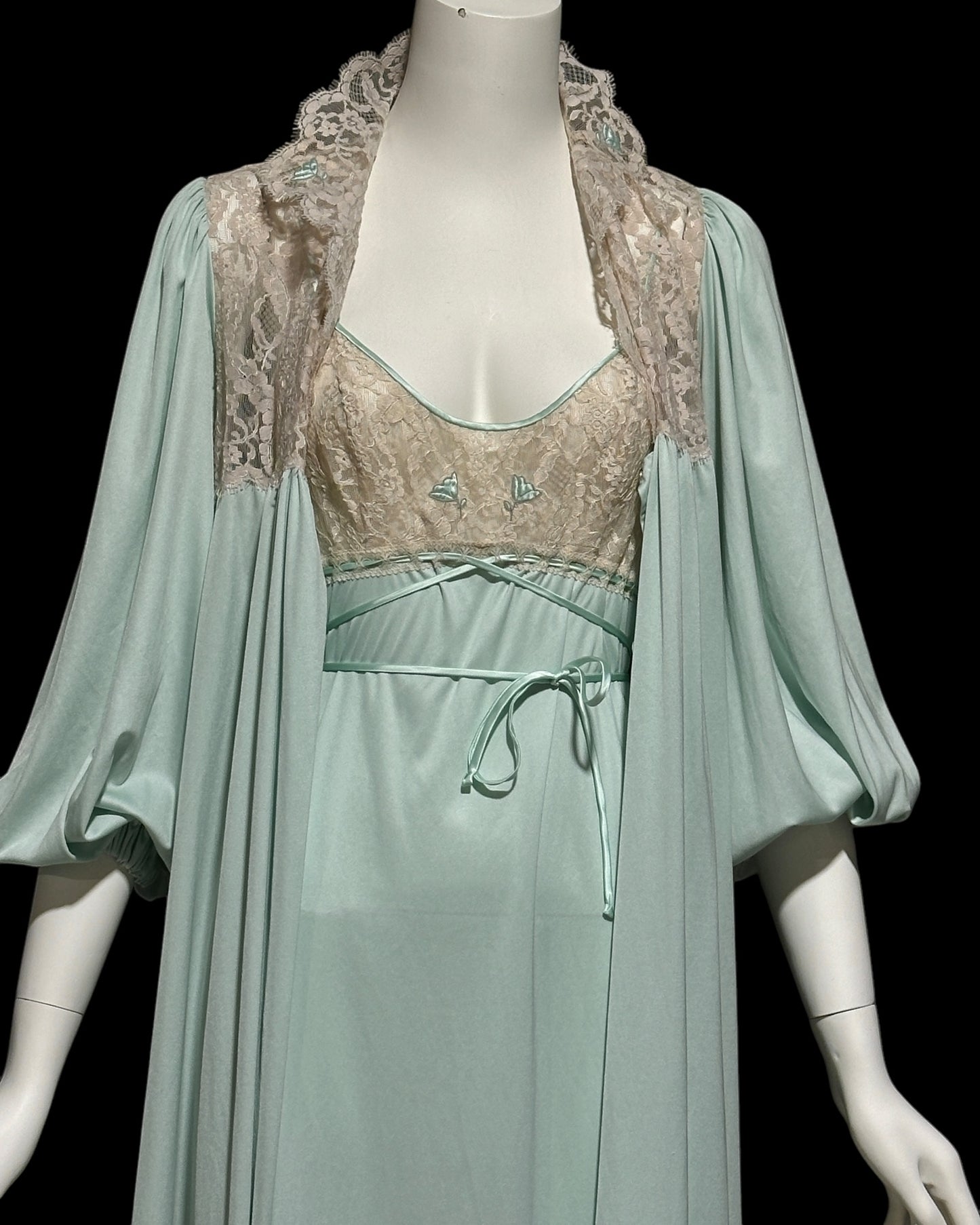 CLAIRE SANDRA Lucie Ann, Neiman Marcus, 1960s vintage nightgown robe set, seafoam green peignoir set, slip dress and housecoat