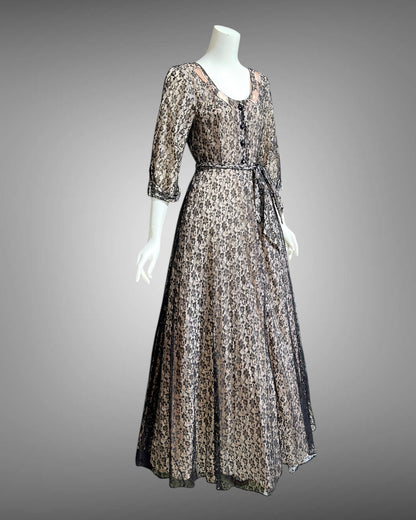FLOBERT vintage 1940s black lace dressing gown robe, sheer black lace with pink ribbon trim