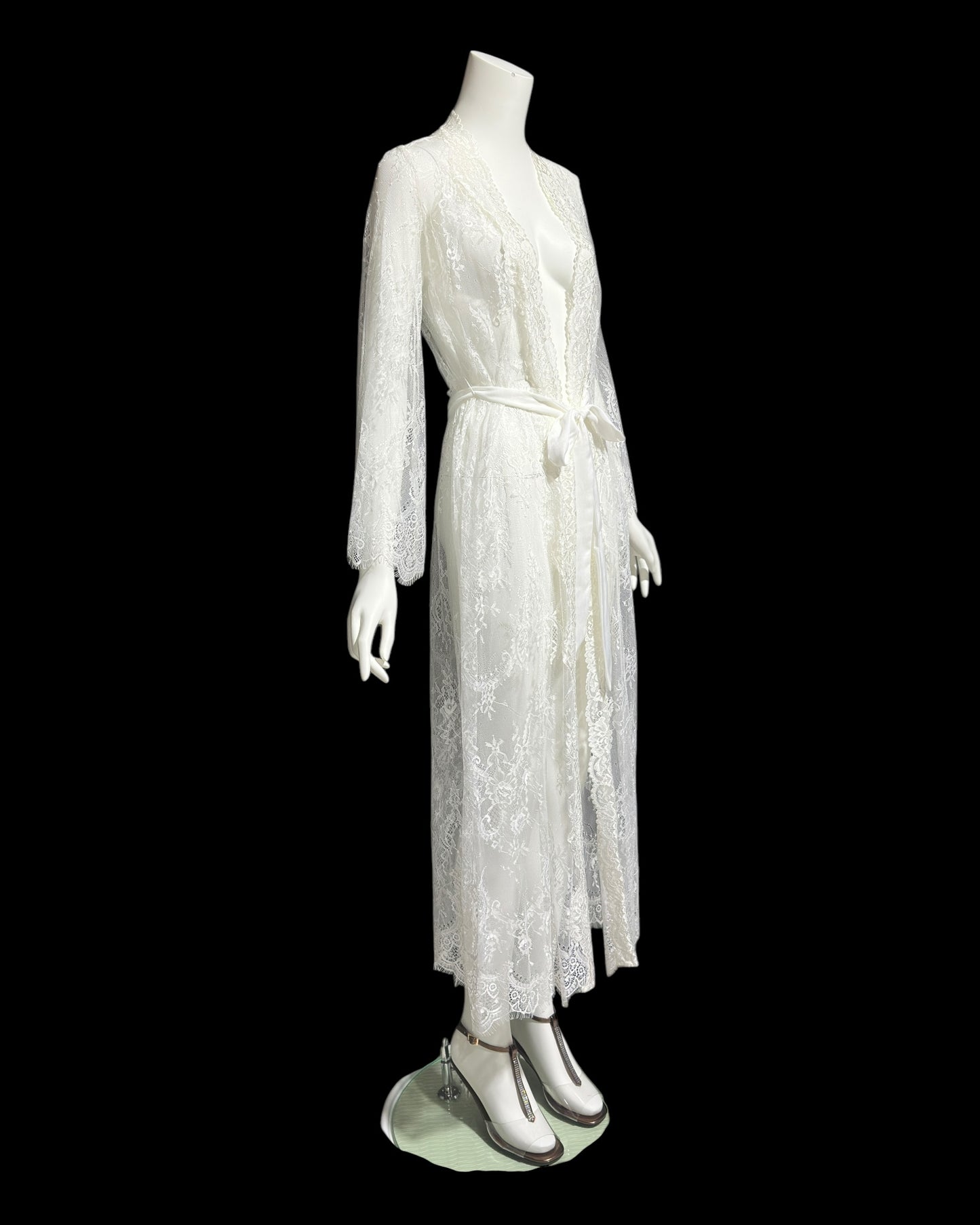 JONQUIL Diane Samandi, 1990s sheer white lace robe, see through feather weight white wrap dressing gown