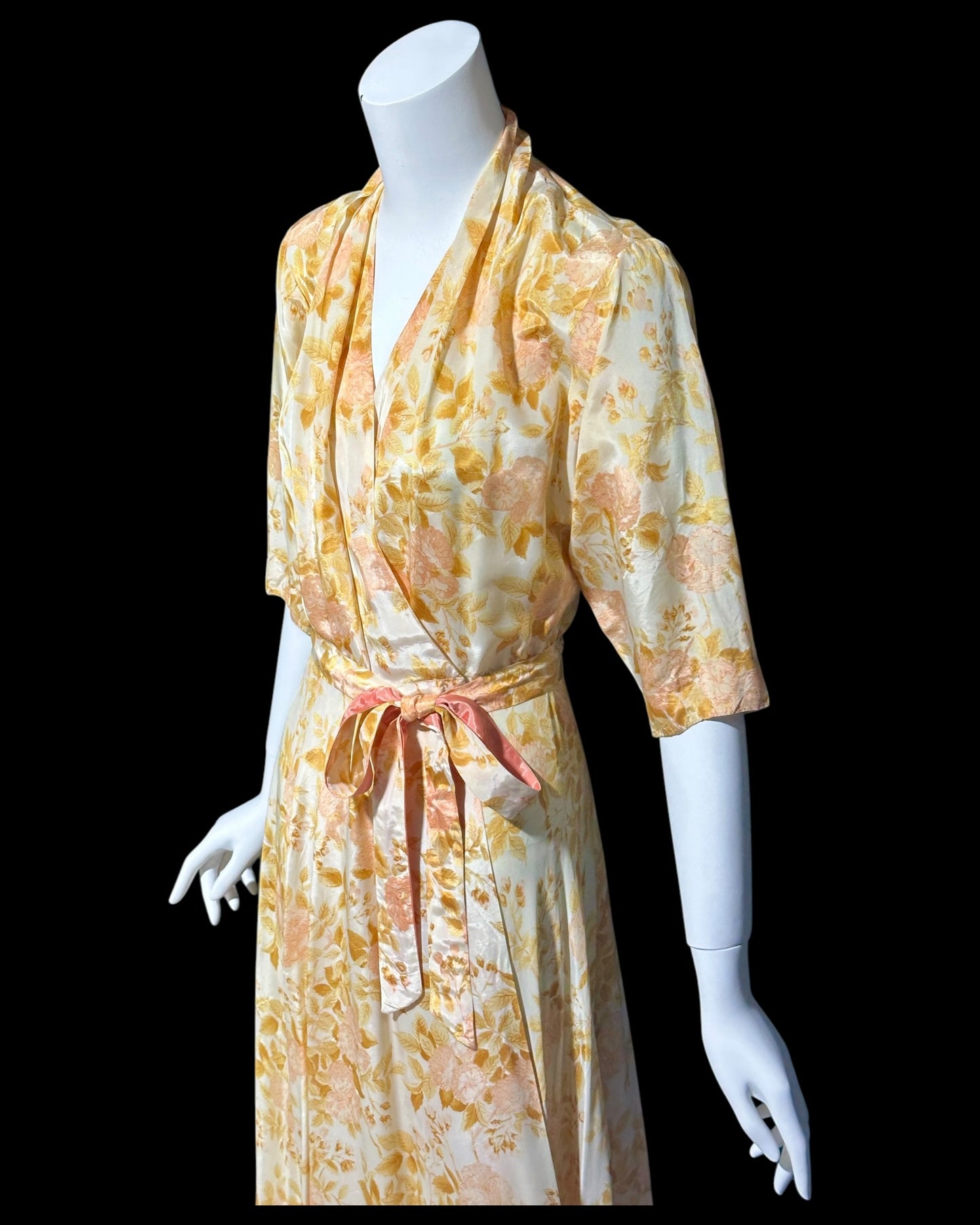 EVELYN PEARSON, vintage 1940s dressing gown robe, gold and pink floral wrap housecoat