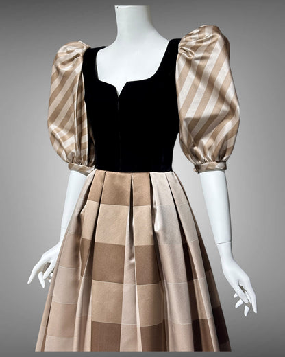 ANDRE LAUG vintage evening ball gown, 1970s Silk formal dress, black velvet brown mocha puffed sleeves